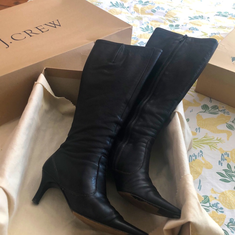 Vintage JCrew Black Milano leather high boots with semi kitten type heels.